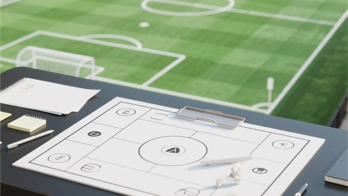 战术分析桌面与球场俯视图结合的视觉，突出八强对决的策略感