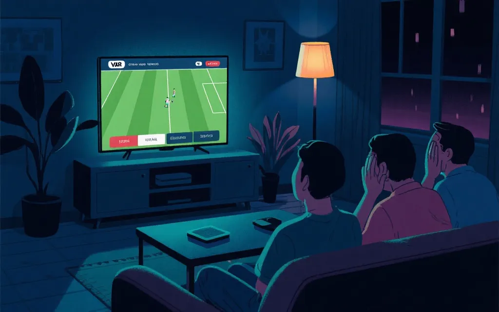 球迷在深夜看球的客厅场景，屏幕上是比赛回放与VAR提示，情绪紧绷的氛围插画